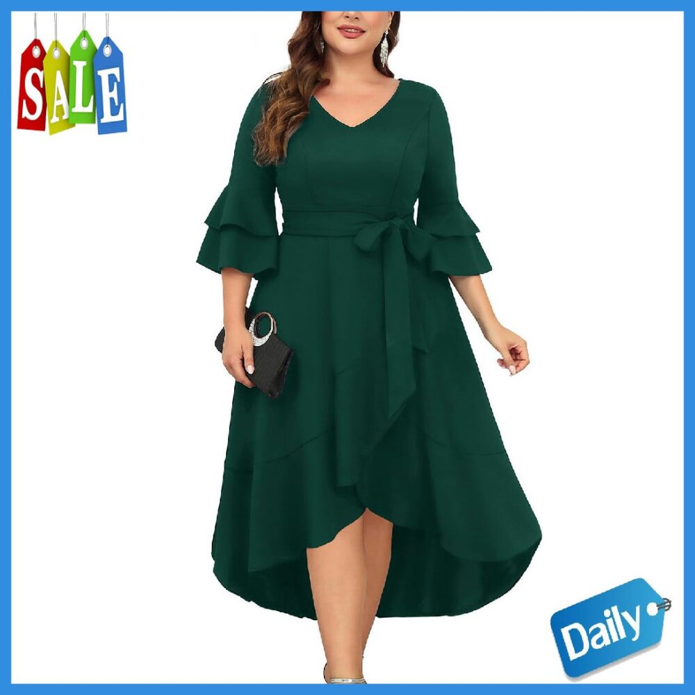 Plus Size V-Neck High Low Split Ruffle Cocktail D… - image 1